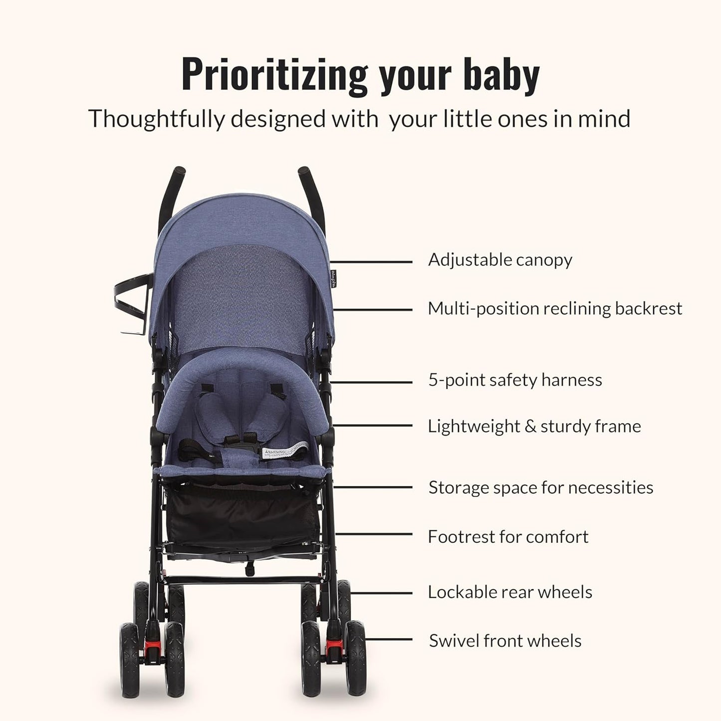 Dream On Me Vista Moonwalk Stroller, Disney Approved Lightweight Stroller for Toddlers and Infants, One-Hand Fold, Reclining Seat, Canopy with Sun Visor, Everyday & Travel Ready