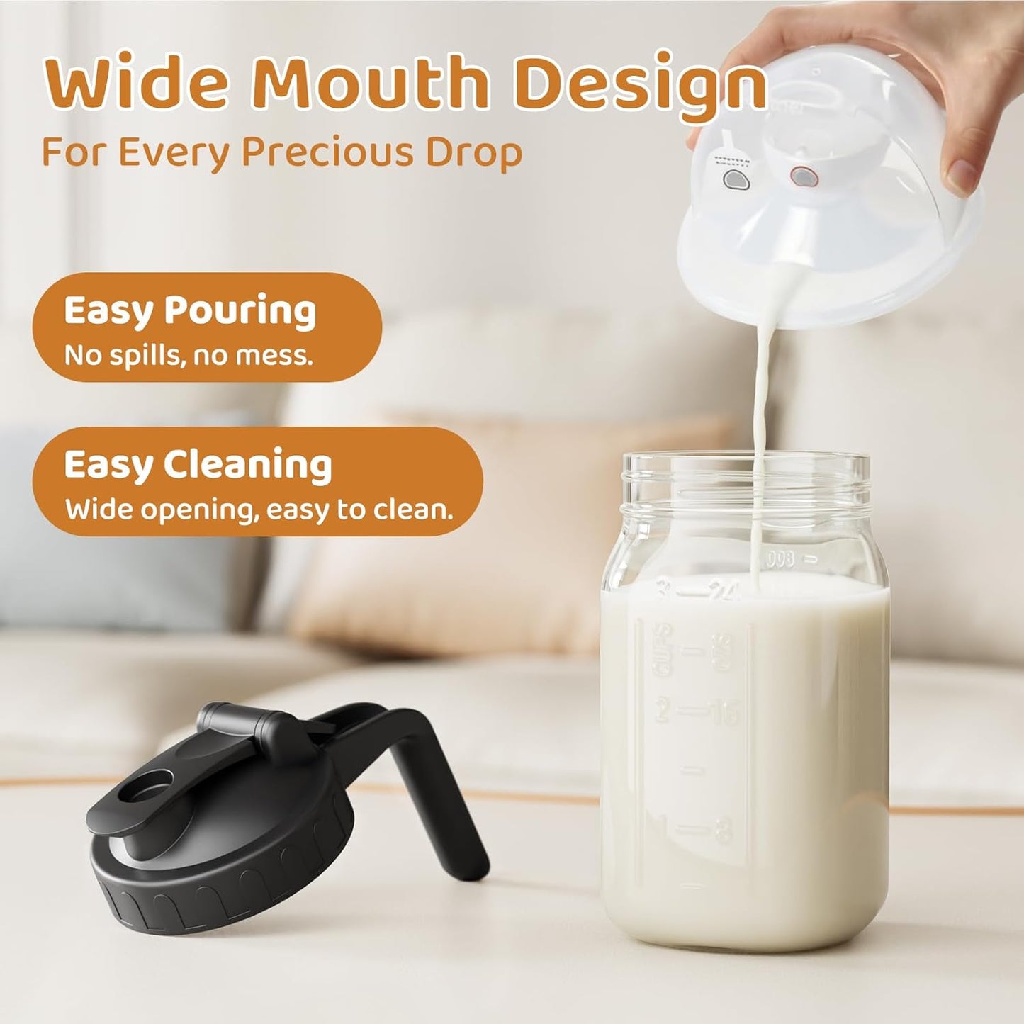 OneDream Breast Milk Pitcher 32oz Glass Pitcher with Lid, Formula Pitcher Leakproof Drip-Free Spout, Wide Mouth Mason Jar Pitcher for Easy Pouring, Dishwasher Safe Breastmilk Storage Pitcher