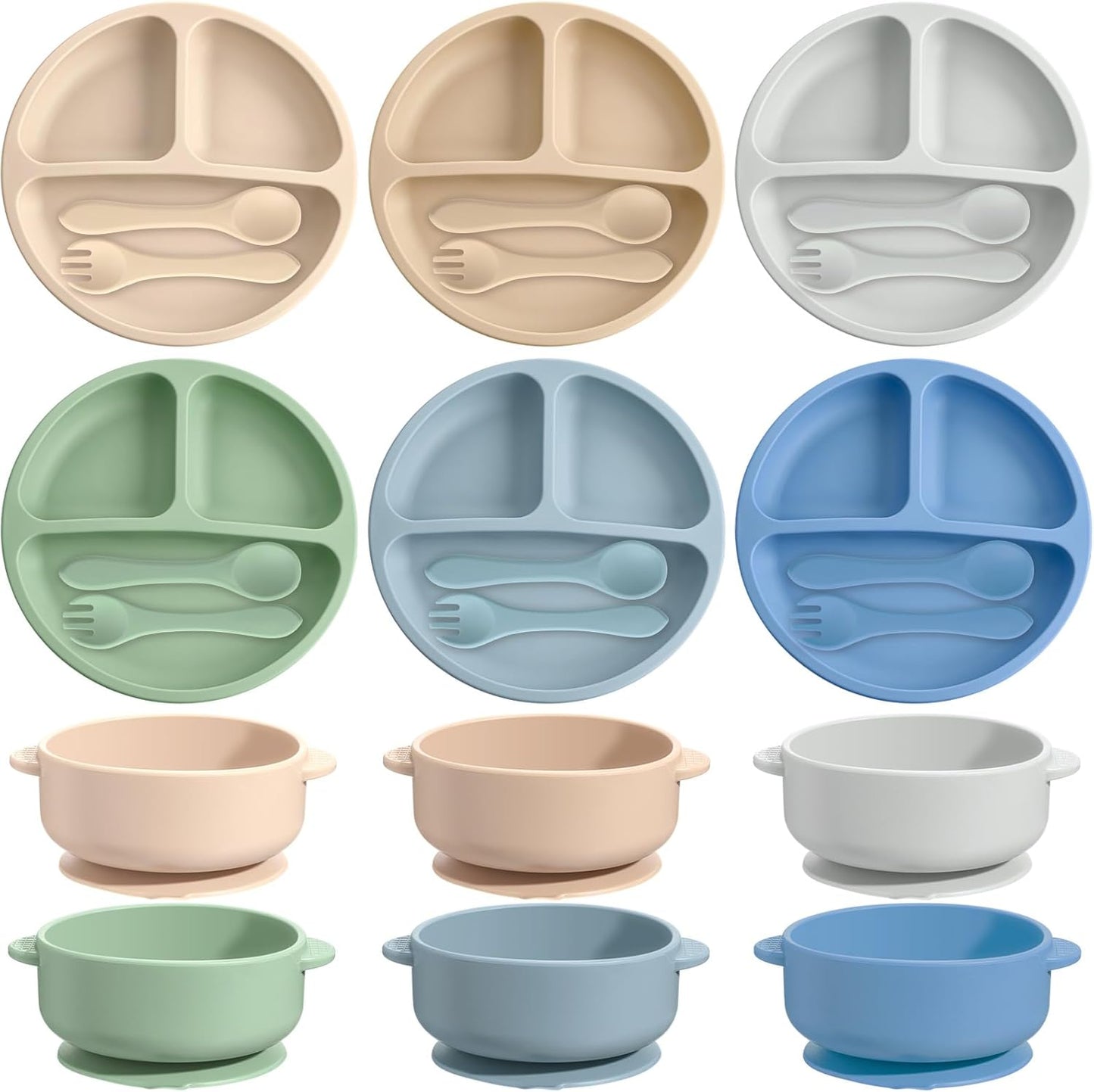 Dandat 24 Pcs Silicone Baby Feeding Set,6 Baby Toddler Suction Bowls 6 Divided Suction Plates with 6 Forks 6 Spoons, Utensils Set for Weaning Infant Feeding and Eating, 6 Styles (Elegant Color)
