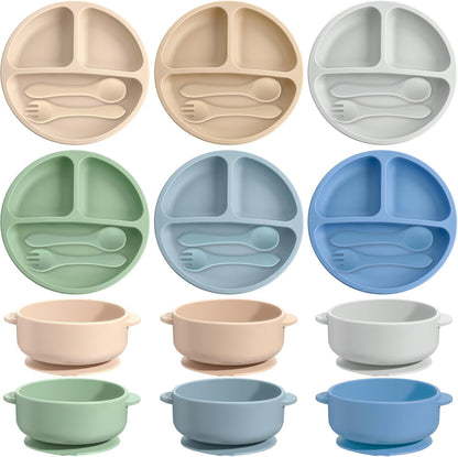 Dandat 24 Pcs Silicone Baby Feeding Set,6 Baby Toddler Suction Bowls 6 Divided Suction Plates with 6 Forks 6 Spoons, Utensils Set for Weaning Infant Feeding and Eating, 6 Styles (Elegant Color)