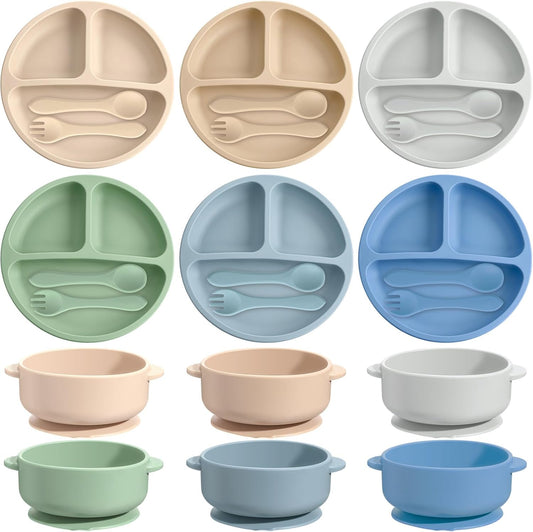 Dandat 24 Pcs Silicone Baby Feeding Set,6 Baby Toddler Suction Bowls 6 Divided Suction Plates with 6 Forks 6 Spoons, Utensils Set for Weaning Infant Feeding and Eating, 6 Styles (Elegant Color)