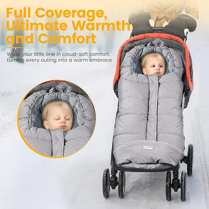 Orzbow Universal Stroller Footmuff, Winter Baby Bunting Bag for Stroller - Baby Sleeping Bag with Coral Fleece Lining for Cold Weather, Water-Repellent, Winter Must Have for Toddler Kids, Light Grey