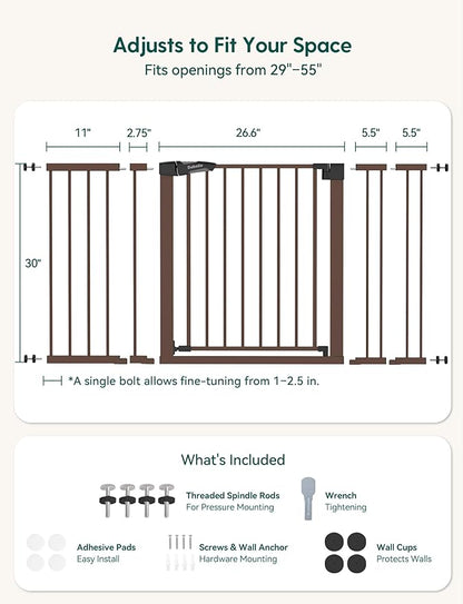 Babelio 29-55" Extra Wide Baby Gate for Stairs & Doorways, Metal Auto Close Pressure Mounted Child & Pet Safety Gate, Easy Install NO Need Tools and Drilling for Indoor Use, Brown