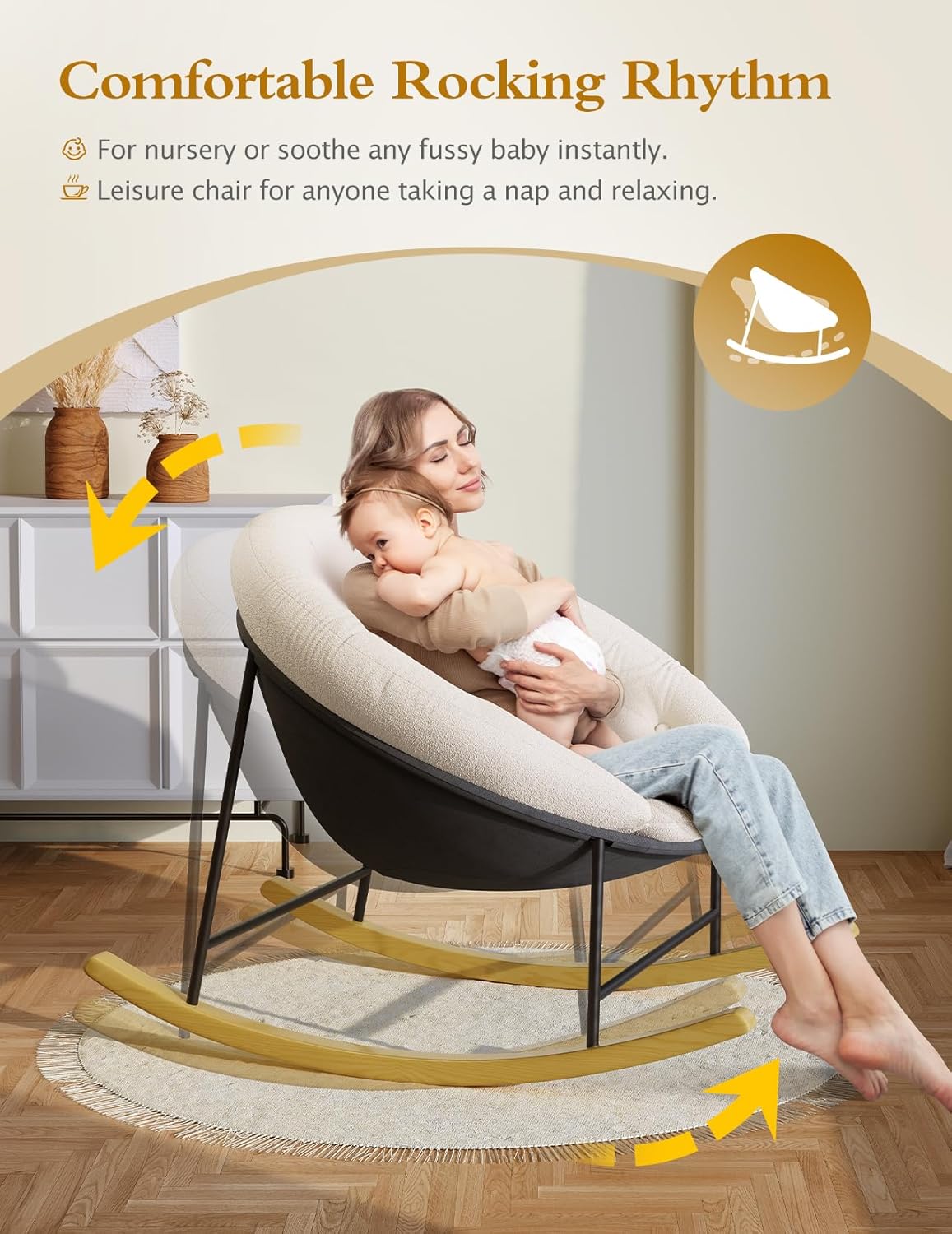 Kidirect Wide Rocking Chair Nursery, Comfy Saucer Nursery Rocking Chairs with Removable Cushion, Indoor Papasan Nursing Chair for Breastfeeding, Mecedora Para Adultos for Living Room & Bedroom (Cream)