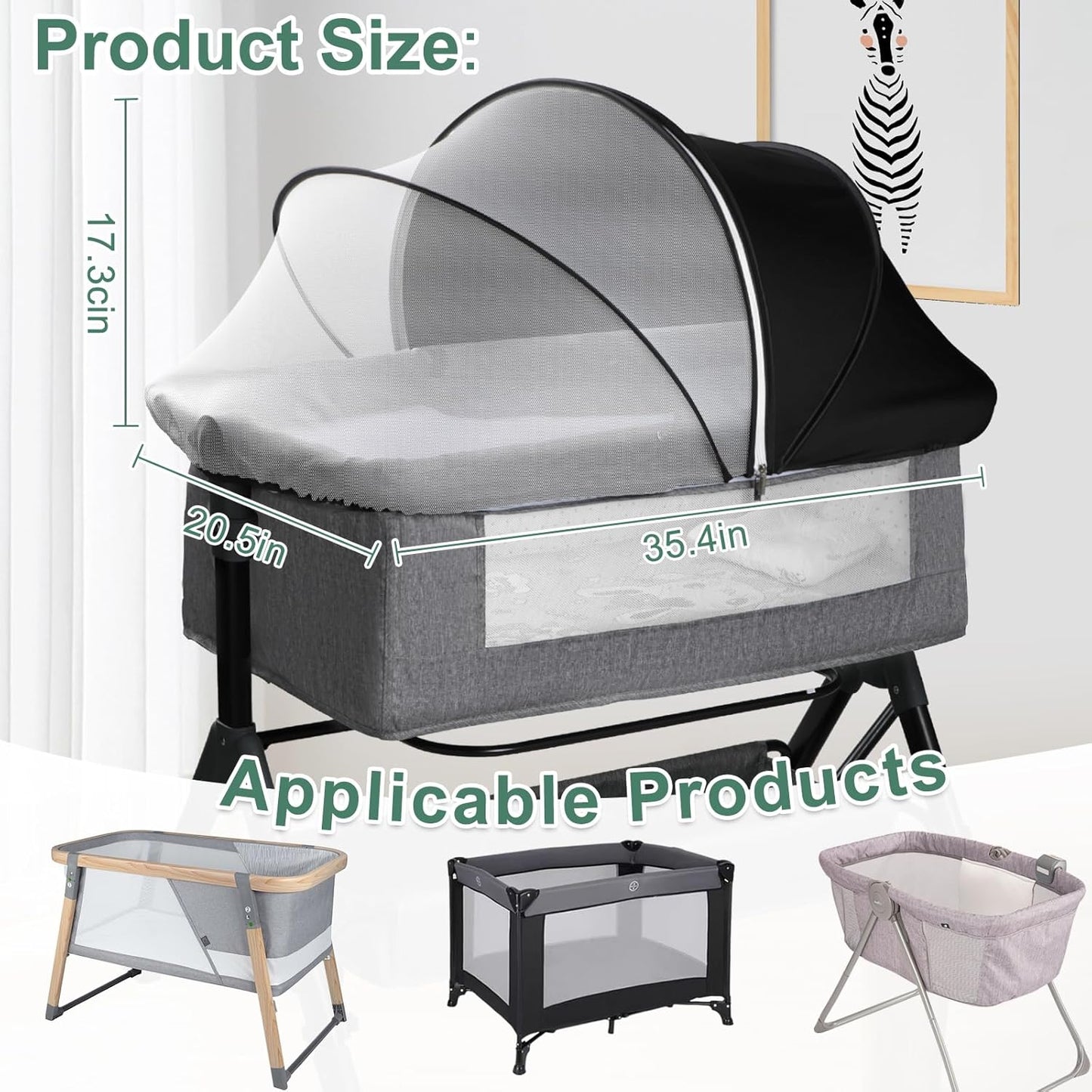 Bassinet Cover for Cats - Blackout Breathable Mosquito Net for Baby Bedside Sleepers & Travel Cribs, 2-Way Zipper Bug Canopy Tent to Block Light & Keep Cats Out (Black-Small)