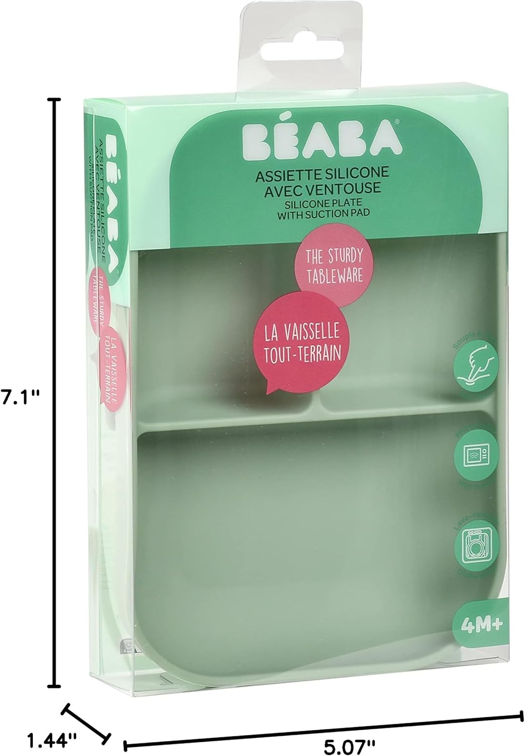Beaba Silicone Suction Plates for Baby, Made with High Grade Food Safe Silicone, Toddler Dishes, Soft Unbreakable Baby Plates with Suction Bottom, Sage