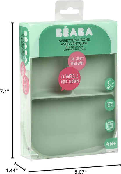 Beaba Silicone Suction Plates for Baby, Made with High Grade Food Safe Silicone, Toddler Dishes, Soft Unbreakable Baby Plates with Suction Bottom, Sage