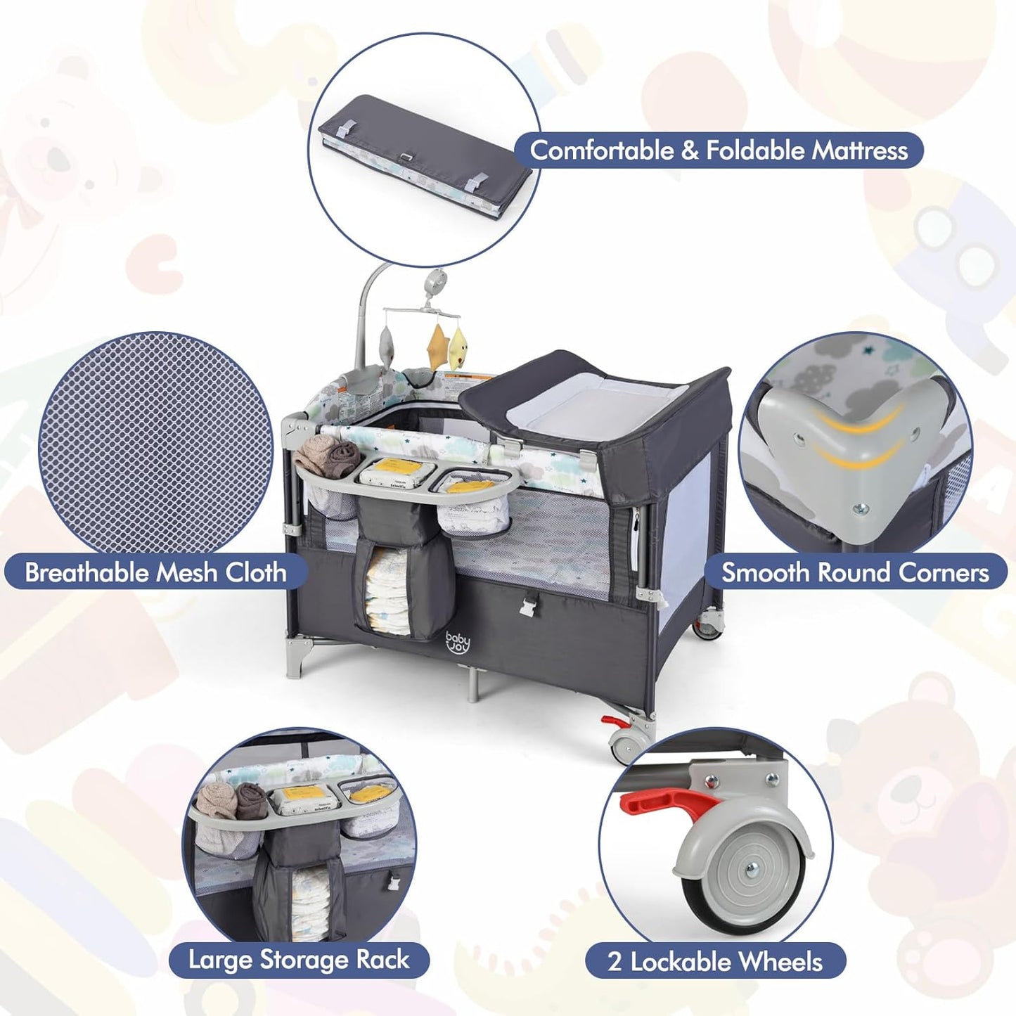HONEY JOY Pack and Play with Bassinet, 5-in-1 Baby Bedside Sleeper w/Diaper Changing Table & Storage Bag, Toy Arch & Music Box, Detachable Side Rail, Portable Baby Play Yard w/Carry Bag(Gray)