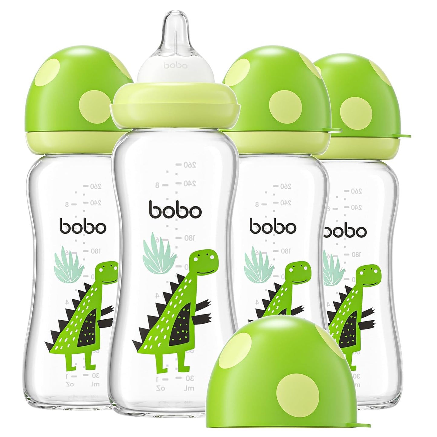 YOHKOH Natural Glass Baby Bottle with Level 1 Slow Flow Nipple, Newborn Anti-Colic Baby Bottles, Wide Neck Mushroom Baby Glass Bottle (Multicolour-A, 3.4oz (Pack of 4))
