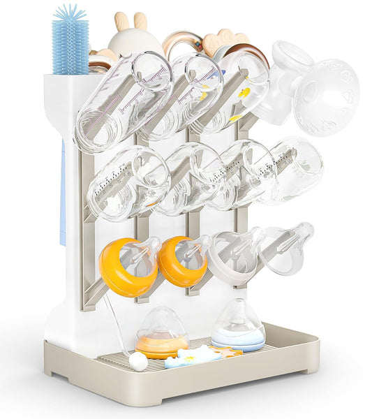 GoMaihe Baby Bottle Drying Rack: Space Saving Vertical Bottle Dryer Holder - Newborn Accessories Storage Stand Organize Brushes Pacifiers on Countertop - BPA-Free - Gray