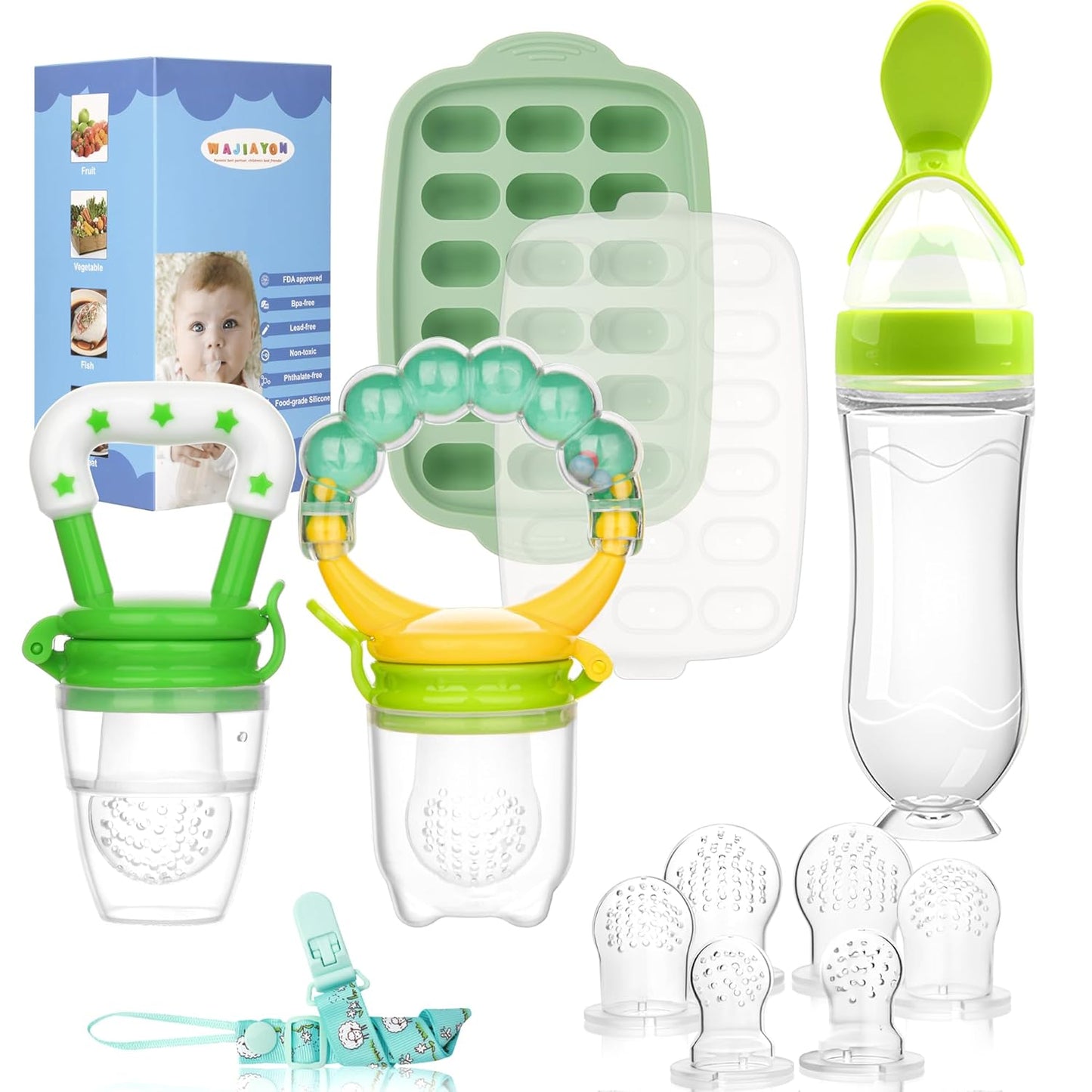 WAJIAYON Baby Fruit Feeder Pacifier - 12 Pack | 2 Infant Food Feeder Pacifier & 1 Babies Food Dispensing Spoon | Fresh Fruit Teethers for Babies | Silicone Feeder Baby,Infant Teething Feeders(Green)