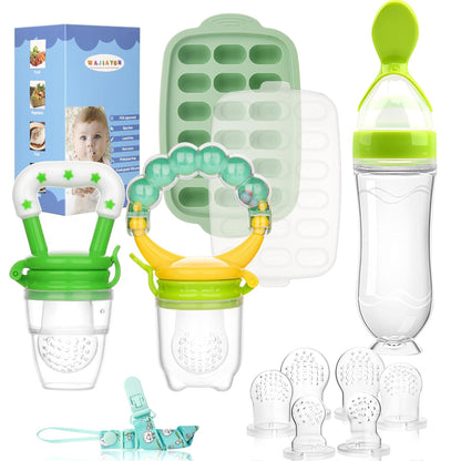 WAJIAYON Baby Fruit Feeder Pacifier - 12 Pack | 2 Infant Food Feeder Pacifier & 1 Babies Food Dispensing Spoon | Fresh Fruit Teethers for Babies | Silicone Feeder Baby,Infant Teething Feeders(Green)