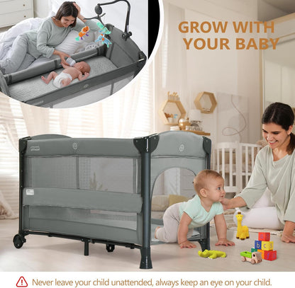 JOYMOR Baby Bedside Bassinet, Baby Bassinet, Pack n Play Convert Playpen, Quick Foldable Travel Bed with Wheels & Brake, Carry Bag for Boys Girls (Gray)