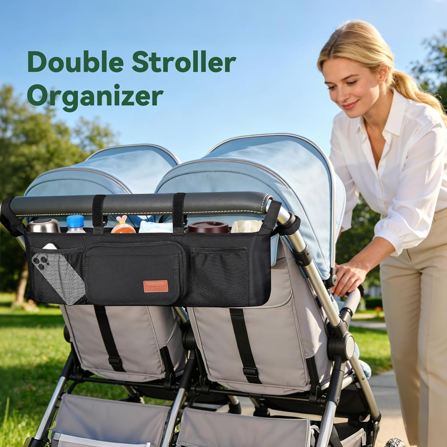Guiseapue Universal Stroller Organizer with Cup Holder: Stroller Caddy Accessories with Detachable Phone Bag Fit for Uppababy, Non-Slip Straps, Walker Accessories, First Mothers Day Gifts for New Mom