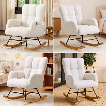 COMHOMA Nursery Rocking Chair with Ottoman,Teddy Glider Rocking Chair,Accent Chair with High Backrest Reading Chair for Adult,Nursery,Bedroom,Living Room,Offices(Beige with Ottoman)