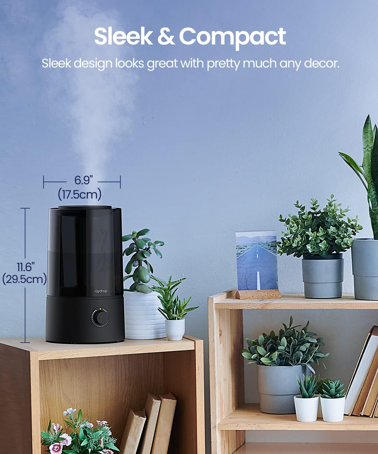 raydrop Cool Mist Humidifiers for Home Babies, 1.70 L Quiet and Small Ultrasonic Humidifier for Bedroom Nightstand, Space Saving, Auto Shut Off - (0.45 Gallon, US 110 V)