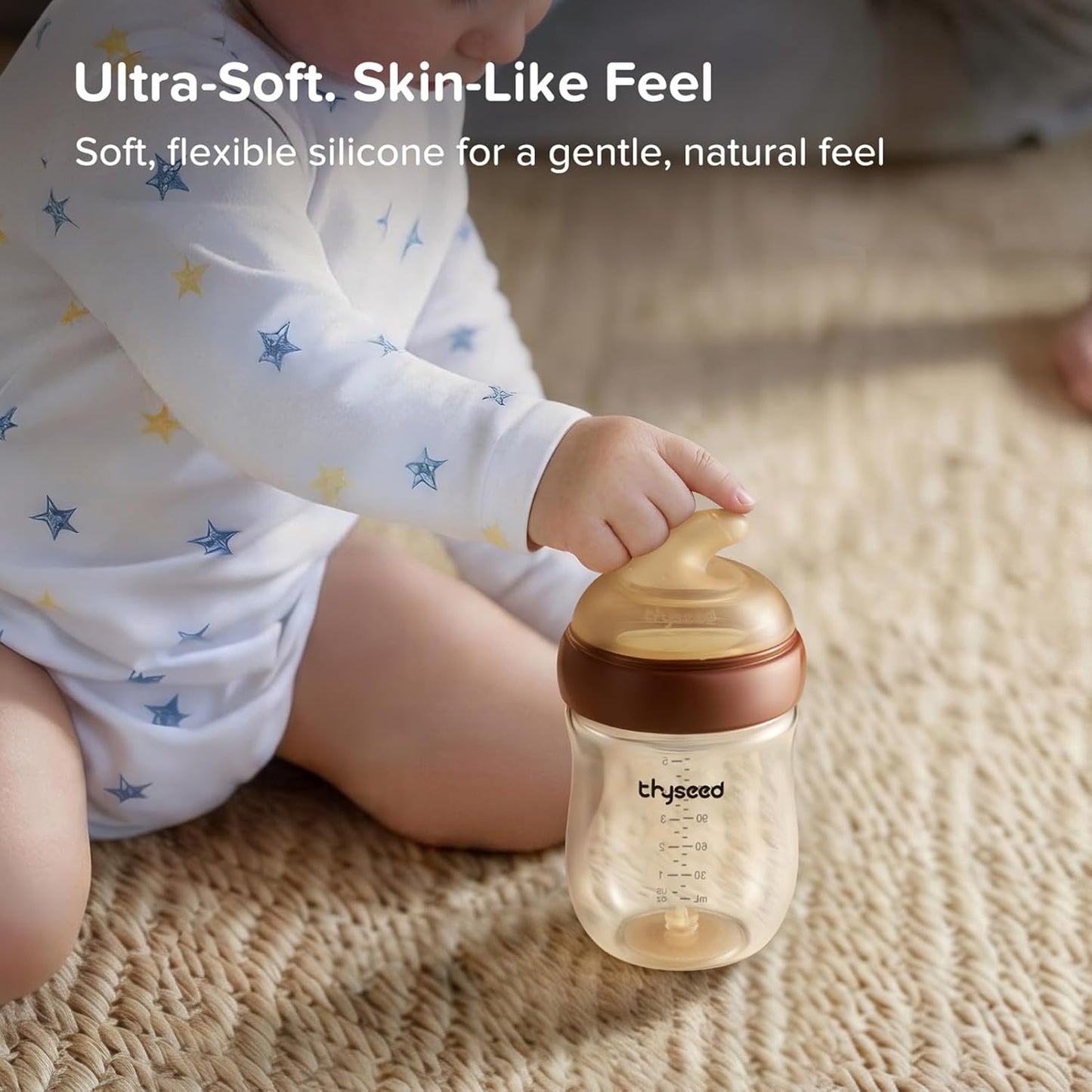 Thyseed Anti-Colic Glass Baby Bottle for Breastfed Infants, Natural Feeding, Breast-Like Newborn Extra Slow Flow Nipple (0m+), 5 oz, 2 Pack