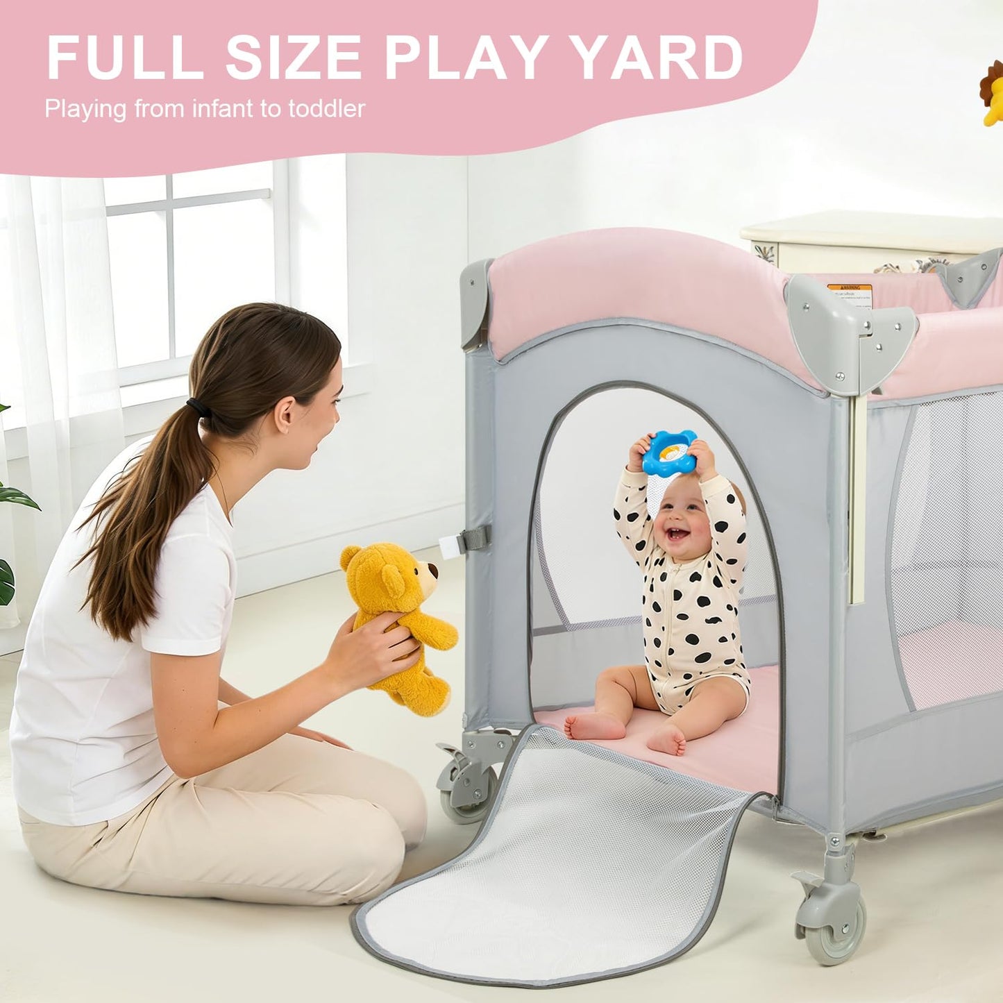 SIMPLGIRL 5-in-1 Baby Bassinet Bedside Crib, Pack and Play Long Next to Parents Bed Crib, Foldable Playard, Playpen Travel Bed Nursery Center for Girl Boy Infant Newborn