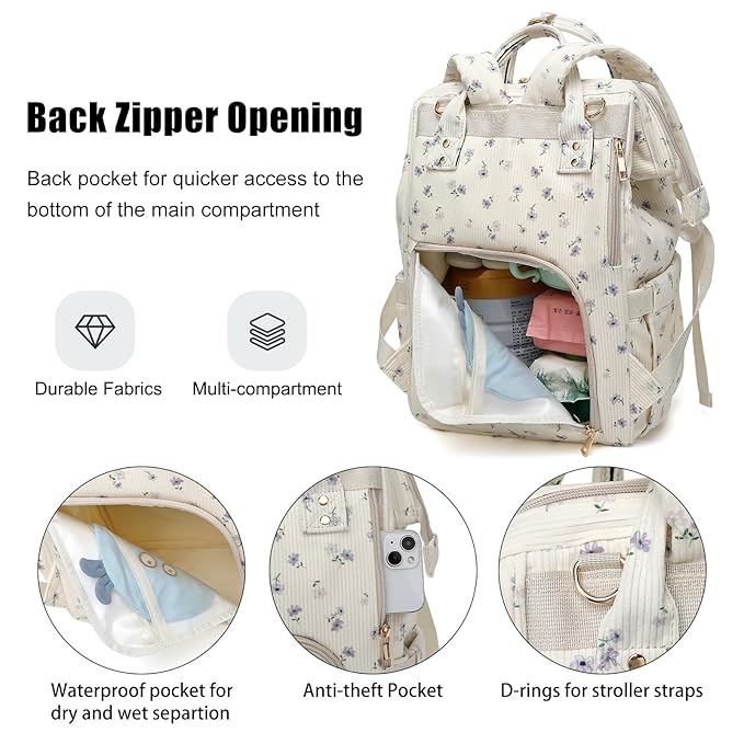 Baby Diaper Bag Backpack for Mom, Large Capacity Travel Nappy Bag for Boys & Girls with Stroller Straps (Corduroy Flowers Purple)