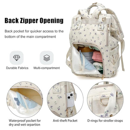 Baby Diaper Bag Backpack for Mom, Large Capacity Travel Nappy Bag for Boys & Girls with Stroller Straps (Corduroy Flowers Purple)
