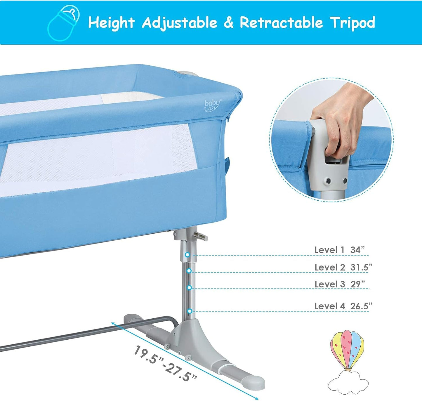 BABY JOY Baby Bedside Crib, Portable Travel Sleeper Bed Side Bassinet w/Carrying Bag, Newborn Bassinet to Infant, Kids Crib with Detachable Mattress, Height Adjustable Design, Breathable Mesh, Grey