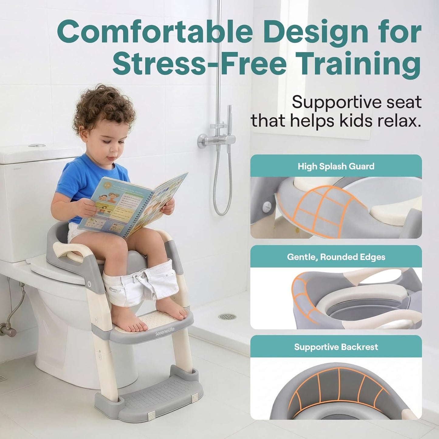 SereneLife 2-in-1 Potty Chair & Potty Training Seat with Step Stool Ladder - Height Adjustable Kids/Toddler Toilet Seat with Stable Anti-Slip Design, Cushioned Seat & Splash Guard For Boys Girls
