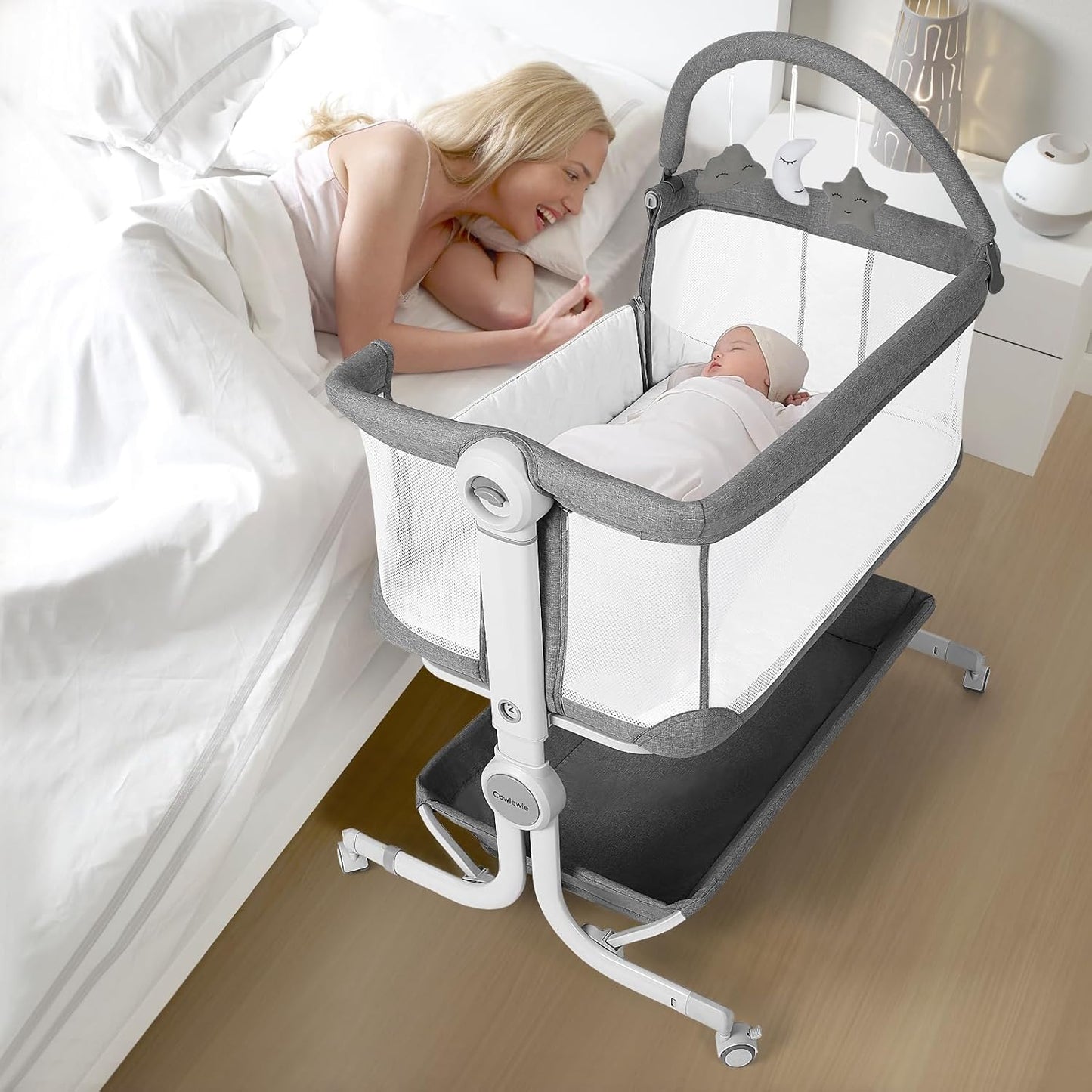 Cowiewie Baby Bassinet 4-Sided Mesh Bedside Sleeper with Wheels for Infant/Newborn Foldable Adjustable Height Portable Bedside Crib(Grey) | Breathable Mesh