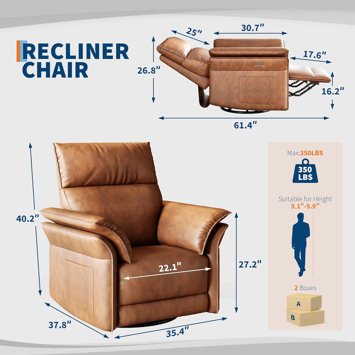 GarveeHome Recliner Chair, 360° Swivel Rocker Glider Nursery Chair with Padded Armrest and Deep Seat, PU Leather Upholstered Reclining Sofa Chair for Living Room, Bedroom and Nursery (Brown)
