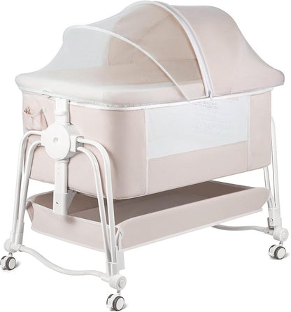 suihuooo 4 in 1 Baby Bassinet Bedside Sleeper, Rocking Baby Crib with Lockable Wheels, Storage, Mosquito Net and Matress Included, 7 Level Adjustable Bedside Bassinet for Baby Newborn (Cream)
