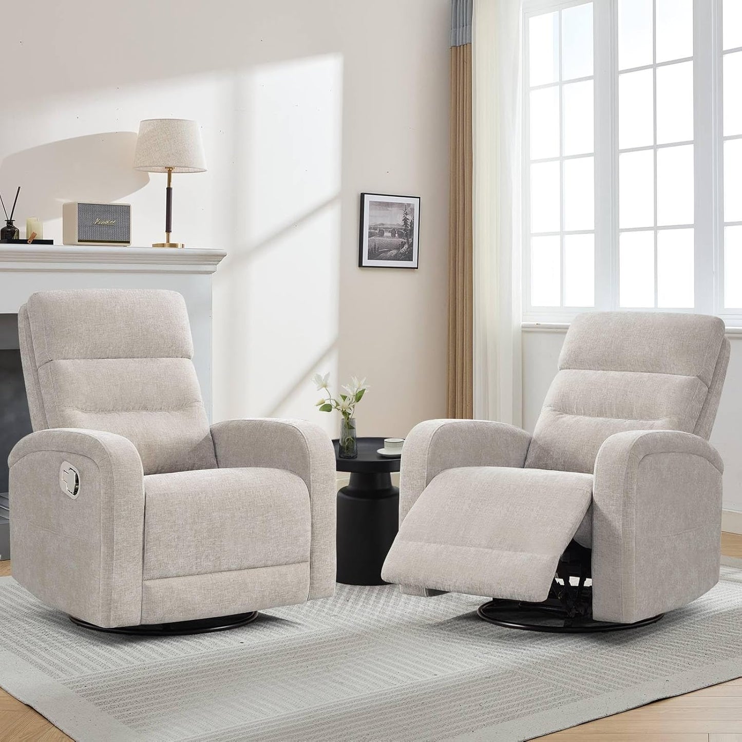 Power Swivel Rocker Recliner Chair for Nursery, Swivel Reclining Rocking Chairs, Electric Glider for Living Room, Upholstered Recliner Chairs for Bedroom, Corduroy White