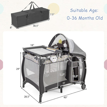 HONEY JOY Pack and Play with Bassinet, 4-in-1 Portable Baby Playard with Changing Table, Net & Cute Toys, Diaper Storage Bag, Music Box, Wheels with Brake, Foldable Newborn Play Yard w/Carry Bag