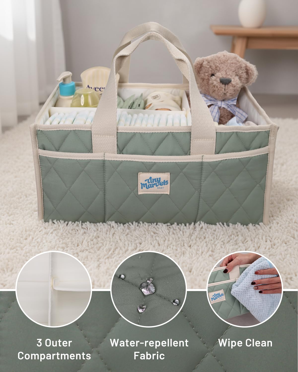 Tiny Marvels Diaper Caddy Organizer for New Parents, Baby Diaper Caddy with Water-Resistant Fabric, Structured Diaper Caddy Basket for Nursery, Car & Travel
