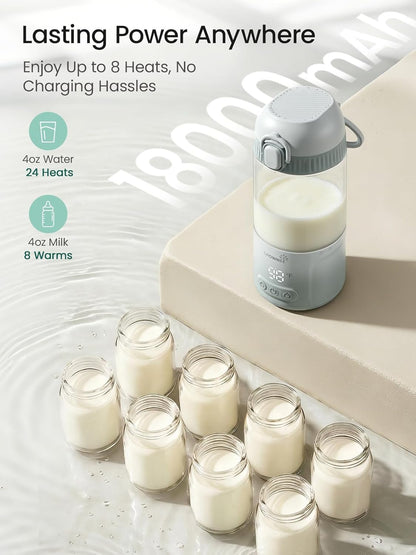 Grownsy Detachable Portable Bottle Warmer for Travel On the Go, All-in-One Milk Warmer with Nipple, Dual Heating Modes for Breastmilk & Formula, 2 Min Fast Heating, Long Battery Life (Green)