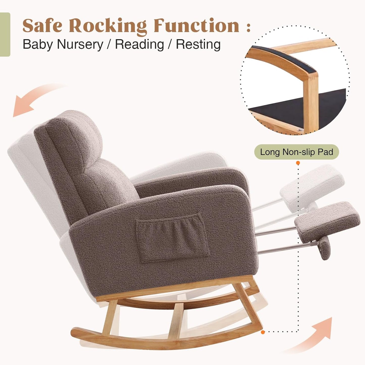HCHAIRH Rocking Chair Nursery, Nursing Rocking Chairs with Foot Rest for Mom Nursery, Glider Rocker Chair with Footrest and High Backrest for Living Room, Bedroom, Beige