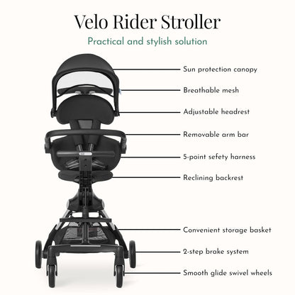 Evolur Velo Rider Travel Stroller – Compact, Lightweight Umbrella Stroller for Toddlers 6–36 Months, One-Hand Fold, Footrest, Rear Platform, 5-Point Harness, Portable & Travel-Friendly