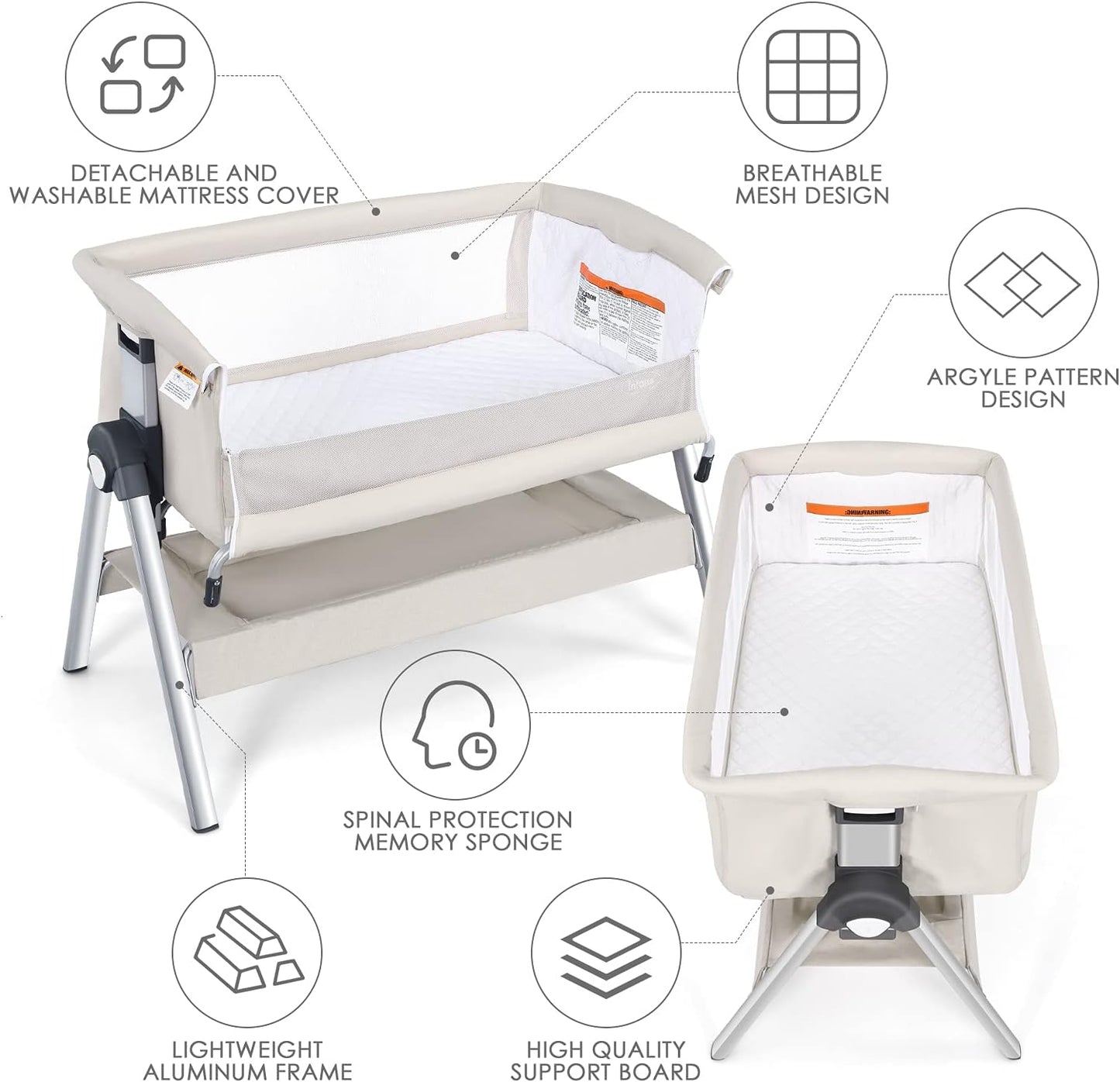 INFANS Baby Bassinet Bedside Crib, Newborn Sleeper w/Large Storage Basket, Adjustable Heights, Detachable &Washable Mattress, Breathable Mesh, Straps, Easy Moving Bed Side (Pink)
