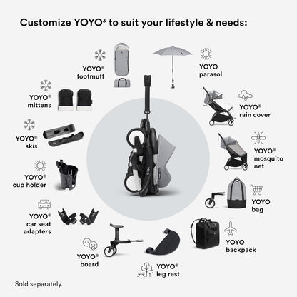 Stokke YOYO3 Stroller from 6 Months - Includes Black Frame, Seat Cushion & Canopy - Folds in & Out in a Flash - Light & Compact - Carry-On Compatible