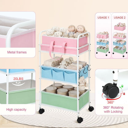 Honeydak 2in1 Baby Diaper Caddy Organizer Cart 3 Tier Large Capacity Metal Utility Bedside Rolling Cart with Divider Newborn Registry Nursery Essential Must Have Crib Bedroom Baby Shower(Green)
