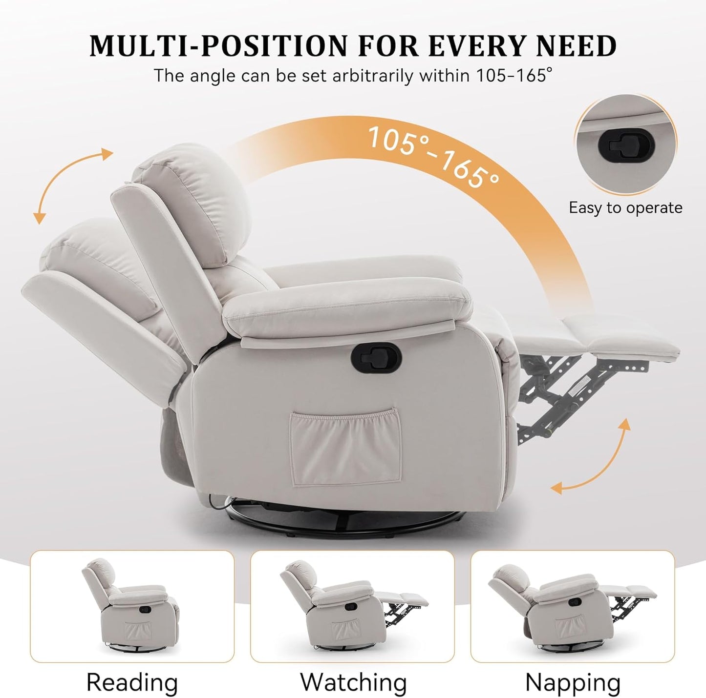 Korser Recliner Chair, 360 Swivel Rocker Chair for Adults, Small Rocking Recliner for Small Spaces, Upholstered Fabric Glider Recliner Nursery
