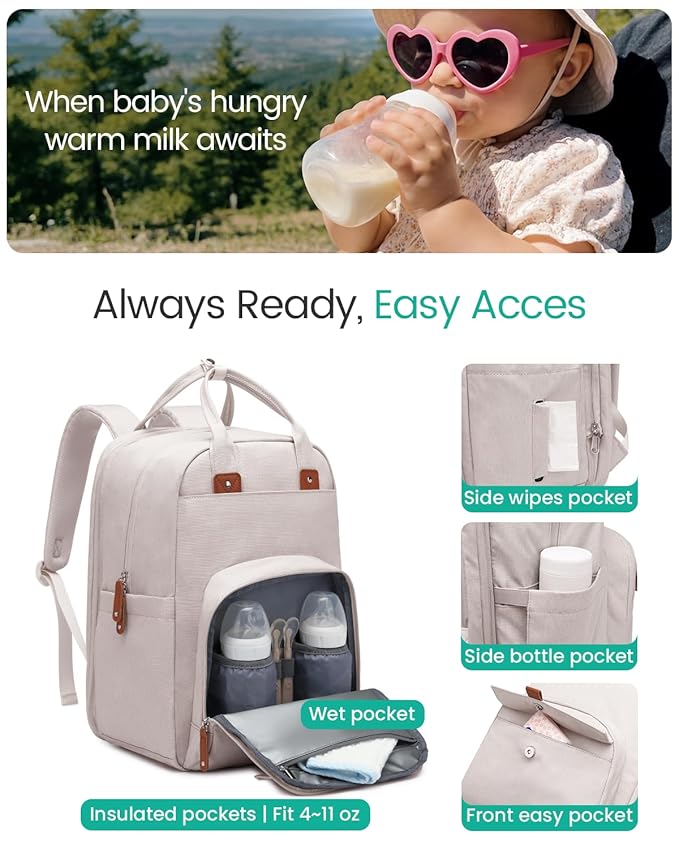 Qualyphant Extra Large Diaper Bag Backpack for Two Kids Twins - Expandable Baby Bag (26-36L), Dual Big Compartments - Includes Changing Pad & Stroller Straps, Unisex Beige