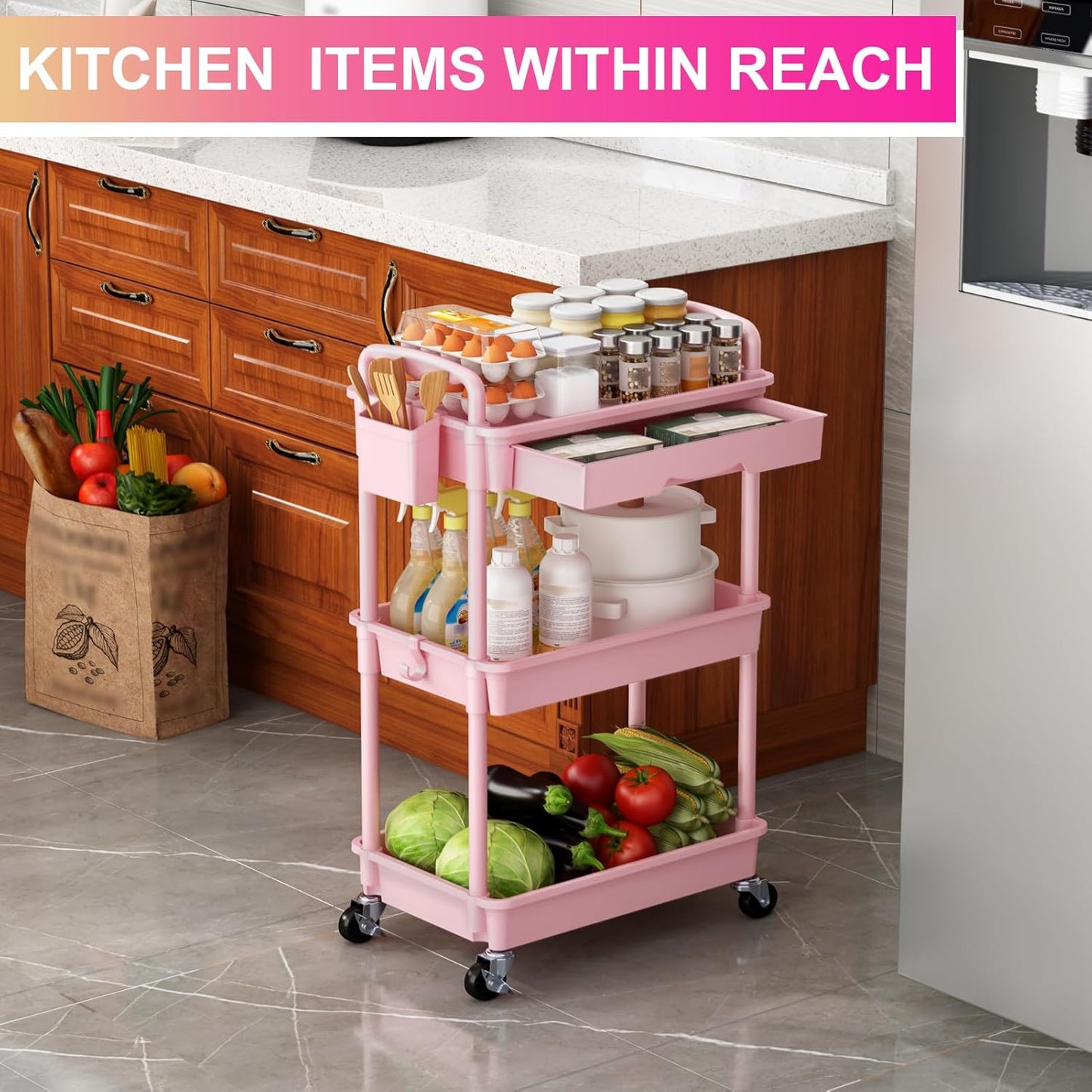 Goovilla 3 Tier Rolling Utility Cart Organizer with Removable Drawer, Stable and Sturdy White Rolling Storage Carts with 2 Lockable Wheels for Bathroom, Kitchen, Snack, Craft, Makeup, Baby Essentials