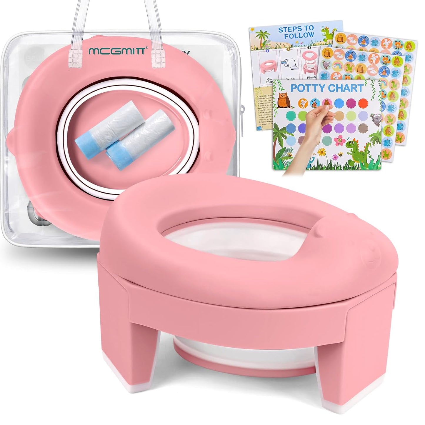 MCGMITT Potty Training Toilet Seat for Toddlers Boys Girls, Portable Baby Toilet Folding Kids Potty Chair Cover with Splash Guard for Travel, Including 3 Non-Slip Feet and Storage Bag (Blue)