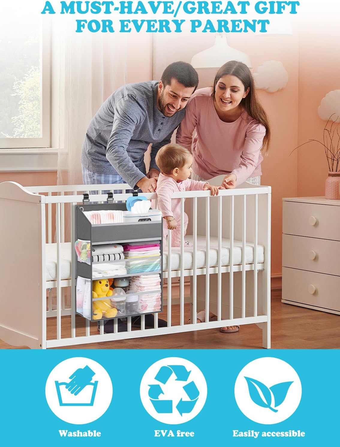 Hanging Diaper Caddy Organizer Crib Organizer–Spacious Baby Girl/Boy Nursery Storage Organizer for Changing Table, Playpen/Wall- Hold 90+ Diaper (Grey)