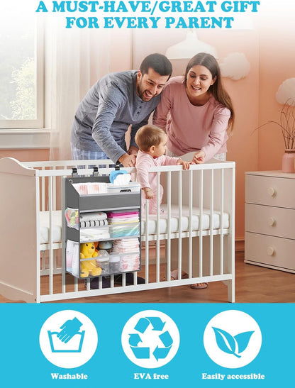 Hanging Diaper Caddy Organizer Crib Organizer–Spacious Baby Girl/Boy Nursery Storage Organizer for Changing Table, Playpen/Wall- Hold 90+ Diaper (Grey)