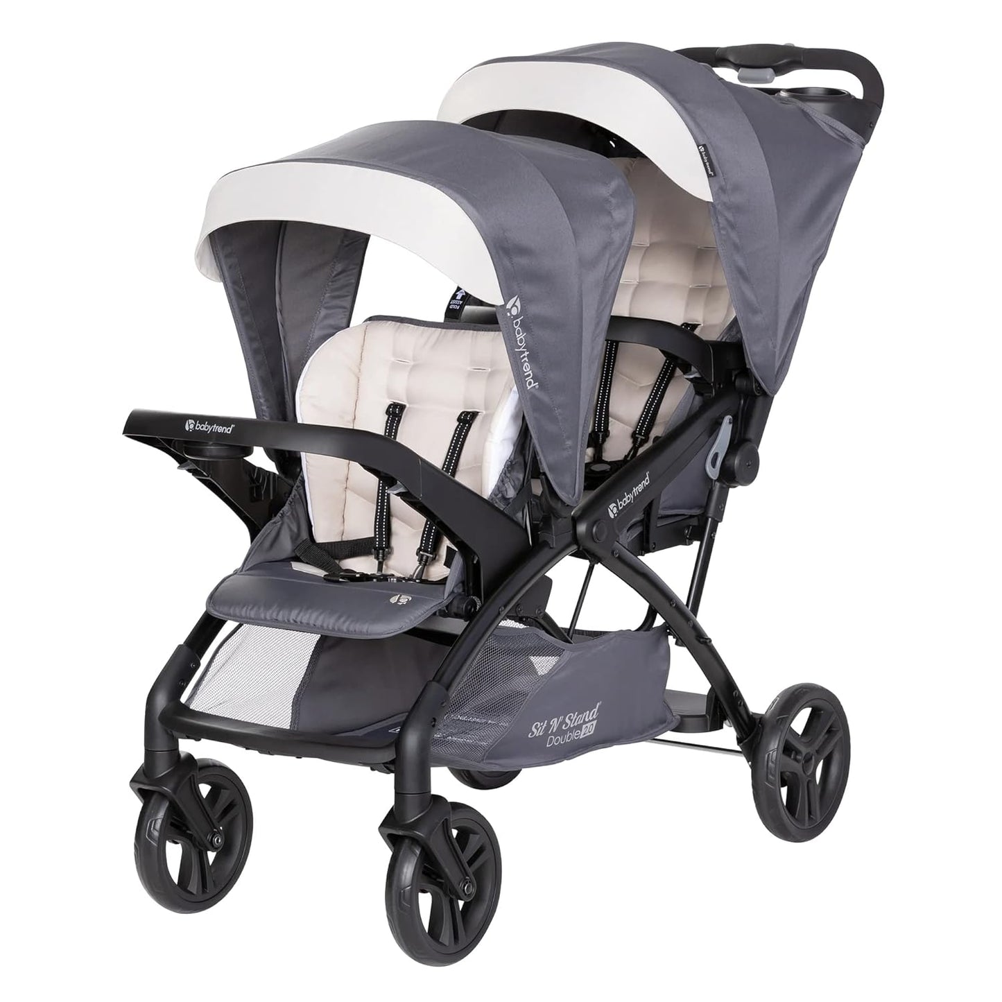 Baby Trend Double Stroller with Canopy Visors, Storage Basket and 2 Cup Holders, Sit N' Stand 2.0 DLX, Stormy – Foldable Infant and Toddler Tandem Stroller and Travel System