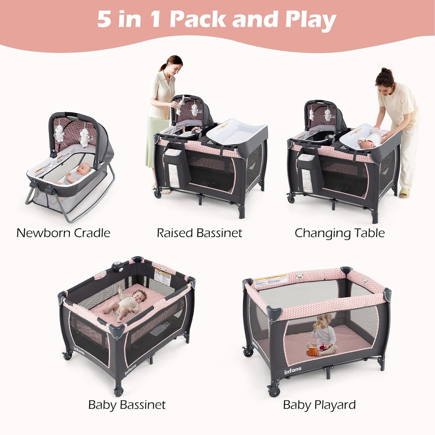 INFANS 4 in 1 Pack and Play, Portable Nursery Center for Baby Kid Infant, Travel Playard with Bassinet, Mattress, Diaper Changer, Bag, Music Box, Storage Basket (Pink)