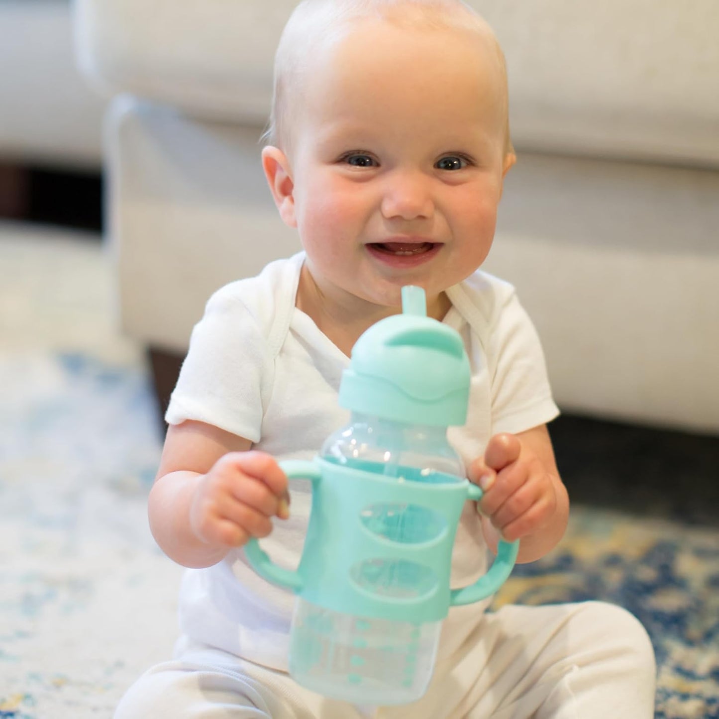 Dr. Brown's Milestones Wide-Neck Sippy Straw Bottle, Spill-Proof with 100% Silicone Handles and Weighted Straw, 9 oz/270 mL, Gray & Pink, 6m+, 2-Pack