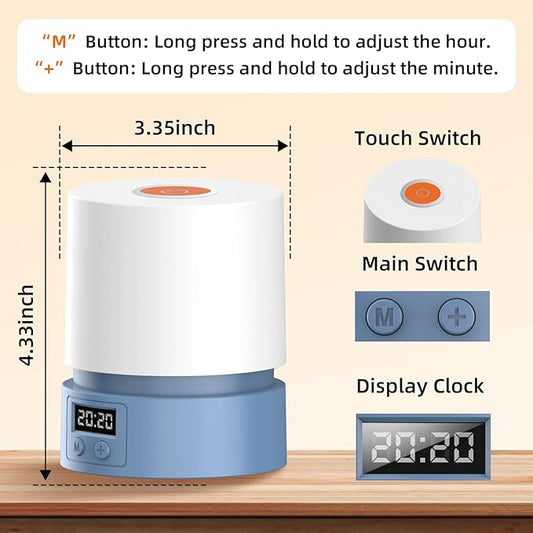 Nursery Night Light with Clock for Kids, Touch Lamp Bedside Desk Lamp, Portable Breastfeeding Night Lamp for Baby, 3 Color Stepless Dimming Up for Restaurant,Bedroom,Rechargeable (Blue)