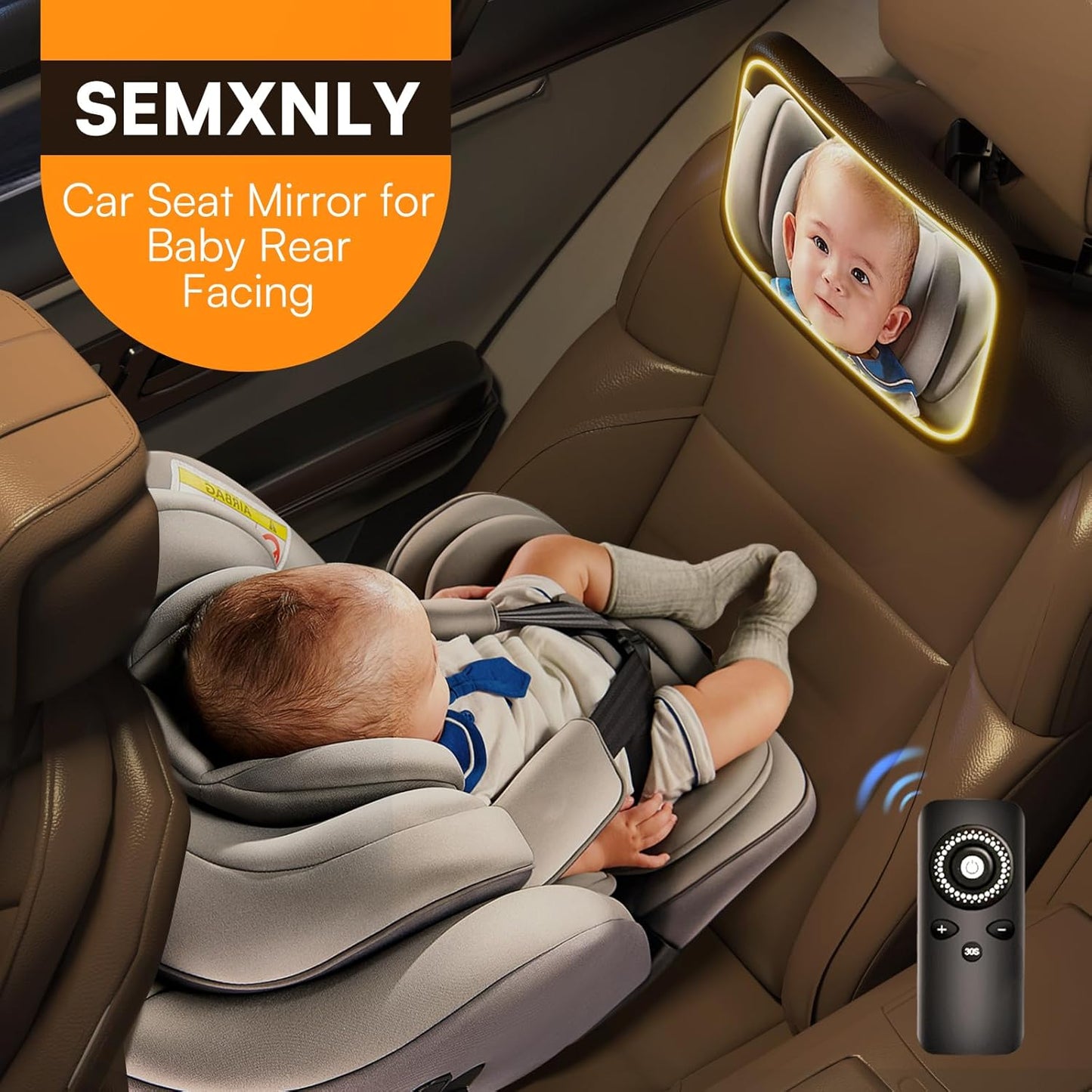 Rechargeable Baby Car Mirror with Light - Mirror for Baby in Car with Remote Control, Car Mirror for Baby Stable Hook Clip Shatterproof Crystal Clear Car Seat Mirror for Baby Safety