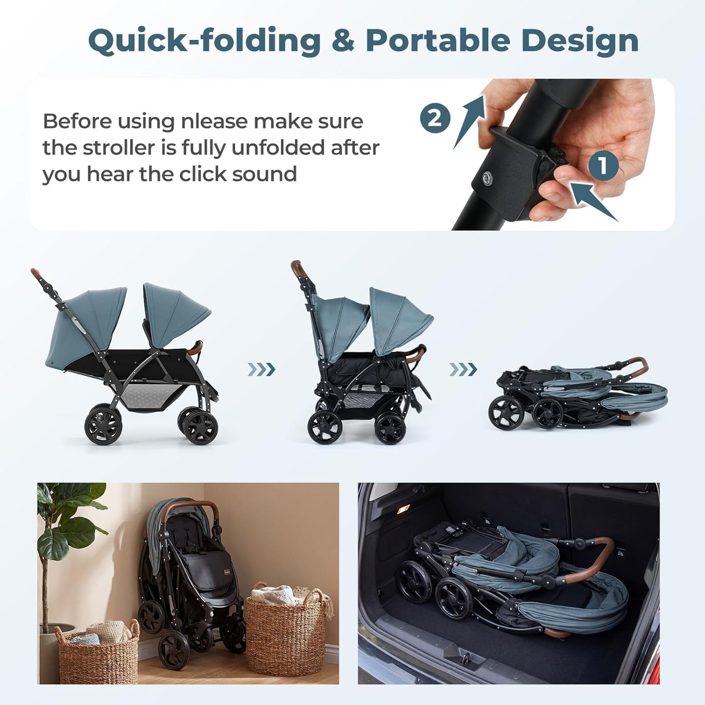 INFANS Double Stroller, Foldable Baby Tandem Stroller with Djustable Backrest Canopy Footrest, 5-Point Harness, Storage Basket, Convertible Compact Twin Stroller for Infants and Toddlers